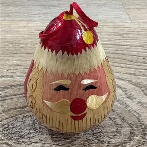 Vintage Bamboo Santa Bell Christmas Ornament Hand Painted Folk Art